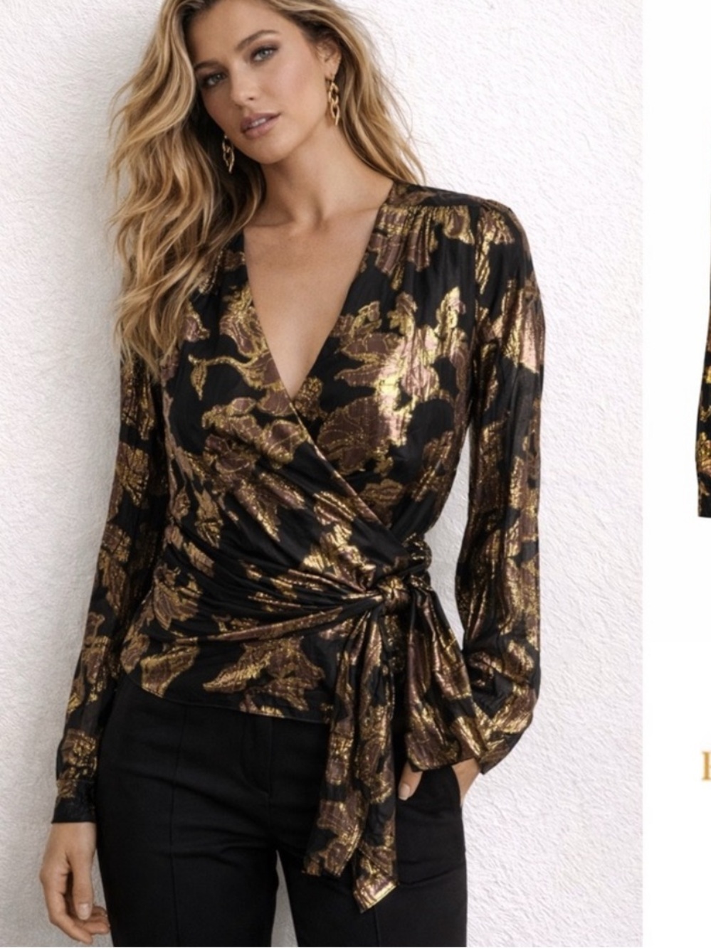 Ramy Brook Blair Metallic Silk Wrap Top Size 8 Black Gold Floral Holiday Blouse
